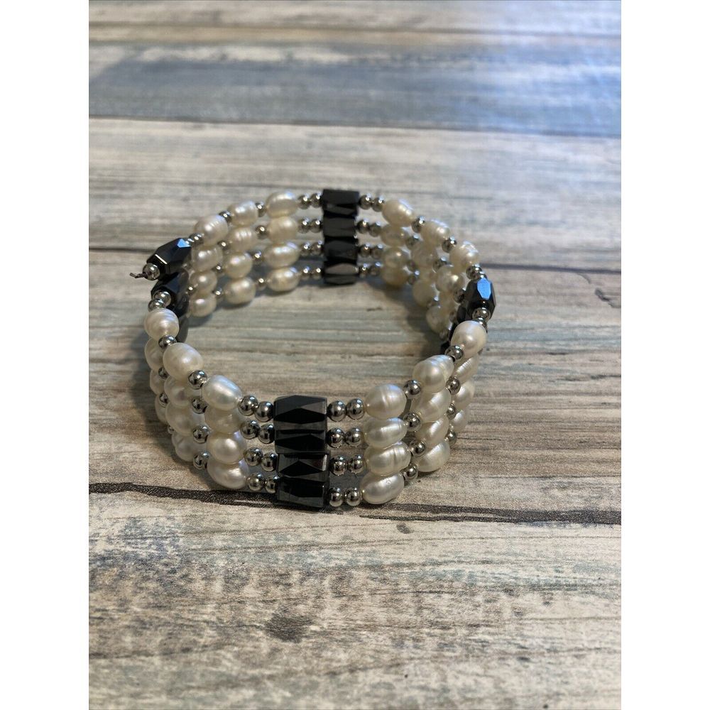 Cultured‎ Freshwater Pearls and Genuine Hematite Beaded Magnetic Wrap Bracelet